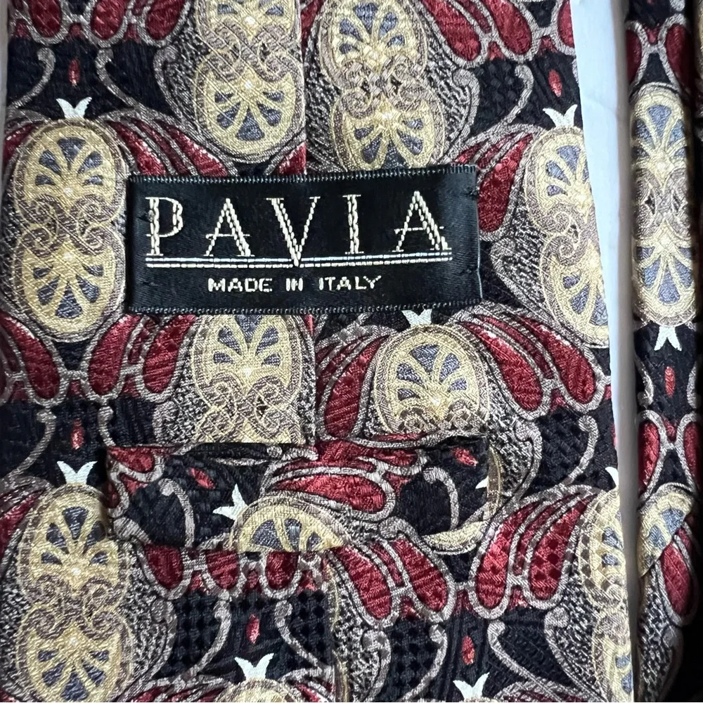 Pavia Men’s tie made in Italy 100% silk necktie black red gold paisley geometric